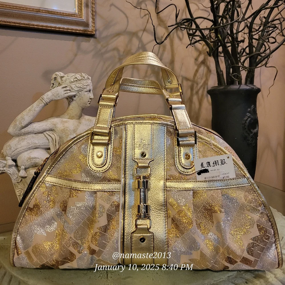 L.A.M.B. Gwen Stefani Gold Glam Jill Satchel Luxury Designer Metalic Leather 81 - Picture 3 of 15
